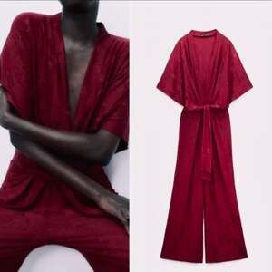 NWT Zara Burgundy Red Floral Jacquard Wide-Leg Jumpsuit Tie Waist Sz S